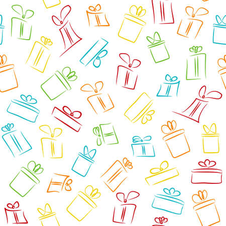 Seamless white pattern with colorful funny gift boxes. pattern for fabric print, wrapping paper, gift card designのイラスト素材