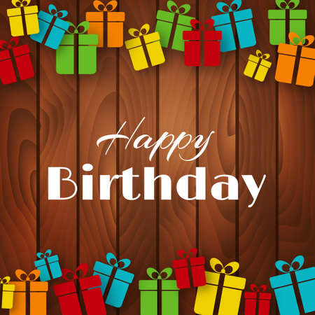 Happy Birthday greeting card. card with gift boxes on a wooden backgroundのイラスト素材