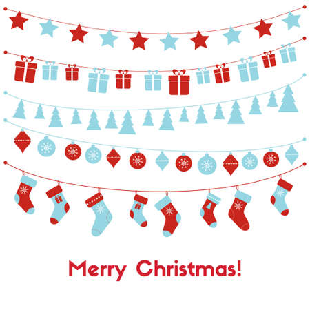 Christmas greeting card with festive garlands, christmas toys, stockings, gift boxesのイラスト素材