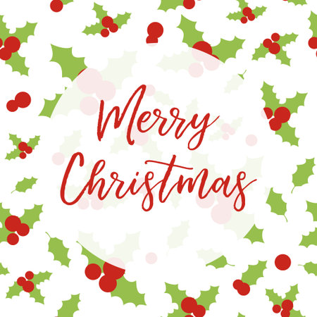 Merry Christmas vector greeting card with holly berries pattern