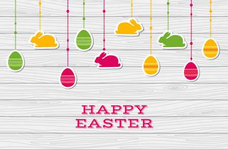 Happy Easter. Vector card with hanging stickers on wooden backgroundのイラスト素材
