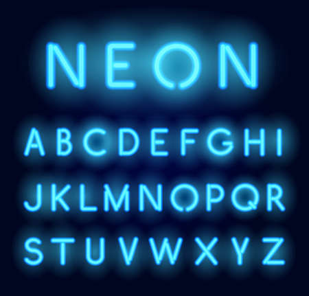 Neon alphabet. Vector realistic glowing lettersのイラスト素材