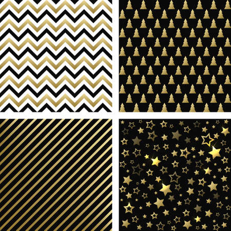 Christmas black and gold seamless patterns. Vector set of minimal backgroundsのイラスト素材