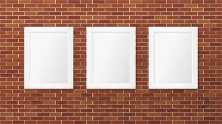 Three white frames on a brick wall. Vector picture frames layout. Galleryのイラスト素材