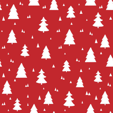 Scandinavian Christmas seamless pattern. Vector red background with white hand drawn Christmas treesのイラスト素材