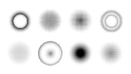 Halftone effect design elements. Set of vector dotted gradient circles. Round shape abstract backgroundsのイラスト素材