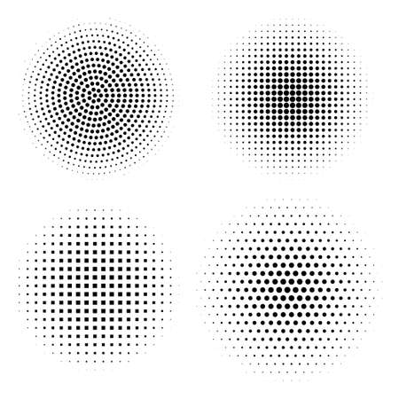 Vector set of halftone design elements. Abstract circles with dotted gradient halftone effect. Black dots on a white backgroundのイラスト素材