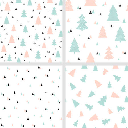 Scandinavian Christmas seamless patterns. Vector set of backgrounds with Christmas trees. For fabric print designのイラスト素材