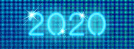 2020 digital web banner. Vector neon blue numbers on a halftone pixel background. Social media layoutのイラスト素材