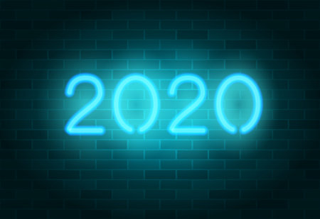 2020 vector neon sign. Blue realistic neon numbers on a brick wall. Happy New Year banner, greeting...
