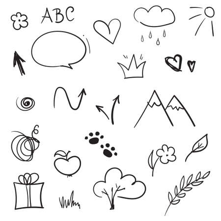 Hand drawn design elements. Vector set of doodle sketches. Arrows, crown, heart, speech bubble, gift box, flowerのイラスト素材
