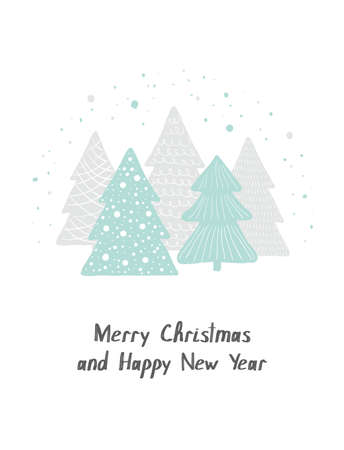 Merry Christmas and Happy New Year. Vector greeting card. Scandinavian Christmas hand drawn cute Christmas treesのイラスト素材