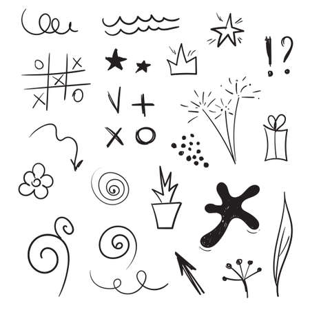 Doddle design elements. Vector set of hand drawn sketches. Blot, arrows, stars, spirals, tic tac toe, flowers, sparklersのイラスト素材