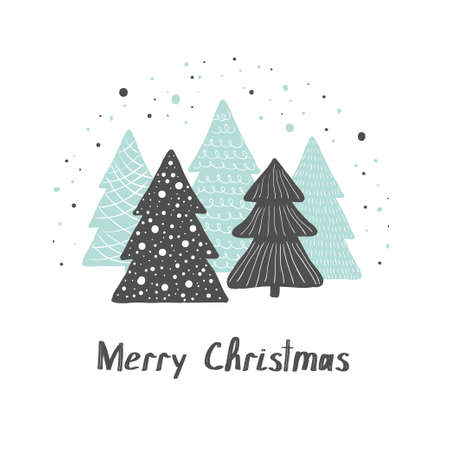 Christmas vector greeting gard. Cute hand drawn Christmas trees in scandinavian styleのイラスト素材