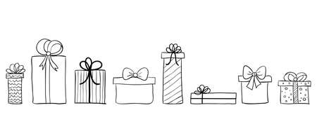 Seamless long banner with hand drawn gift boxes. Vector background with doodle presentsのイラスト素材