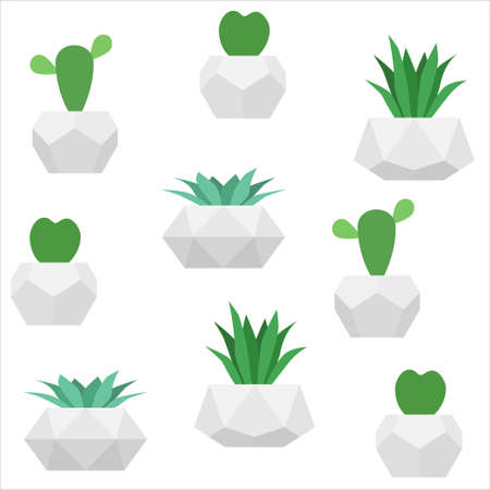 Succulents seamless pattern. Vector white background with home plants in geometric concrete pots. For wallpaper designのイラスト素材