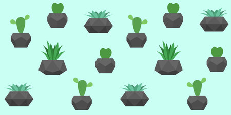 Vector seamless pattern with cactuses and succulent plants. Turquoise floral trendy background for fabric print, wallpaper designのイラスト素材