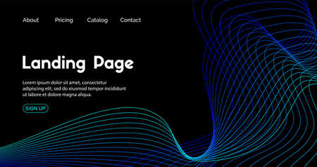 Landing page vector template. Dark blue abstract background for home page. Web site header with dynamic linesのイラスト素材