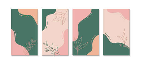 Social media stories vector templates. Abstract shapes and floral hand drawn elements. Vertical backgroundsのイラスト素材
