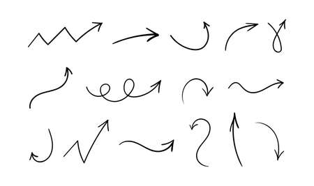 Hand drawn arrows vector set. Up, down, right, left isolated black doodle arrowsのイラスト素材