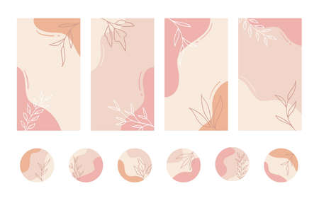 Social media stories and highlights templates. Vector set of pastel color abstract organic floral backgroundsのイラスト素材