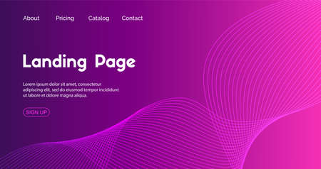 Landing page vector template. Abstract minimal background with dynamic wavy lines for web sitesのイラスト素材