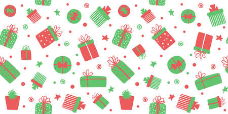 Christmas gift boxes seamless pattern. Cute vector long background, banner with hand drawn presentsのイラスト素材