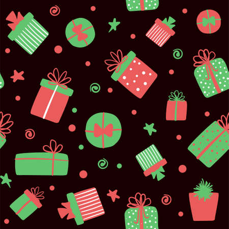 Christmas seamless pattern with gift boxes. Vector cute festive dark background with hand drawn presentsのイラスト素材