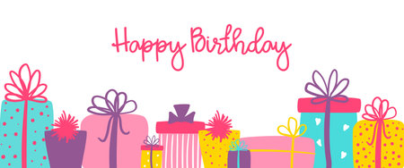 Happy Birthday long banner with cute hand drawn gift boxes. Vector greeting card for print or social mediaのイラスト素材