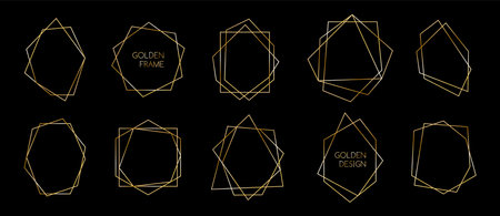 Set of golden polyhedron trendy frames. Abstract geometric thin line vector borders for invitations, premium decorのイラスト素材