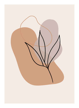 Boho wall art. Minimal vector picture with foliage and abstract organic shapesのイラスト素材