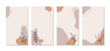 Minimal organic stories template. Vector set of vertical abstract backgrounds in boho style with plants and organic shapesのイラスト素材