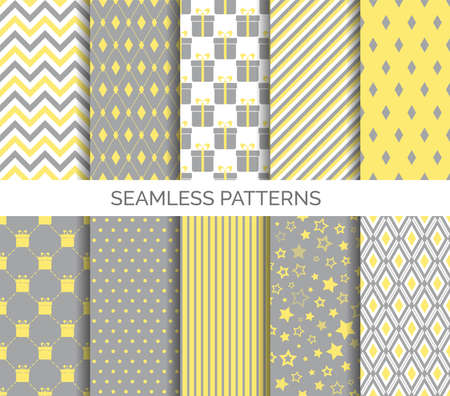 Set of minimal seamless patterns in yellow and gray colors of the 2021 year. Abstract geometric vector backgroundsのイラスト素材