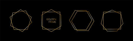 Set of golden vector frames for invitations, luxury decor art deco style. Abstract geometric thin line hexagon bordersのイラスト素材