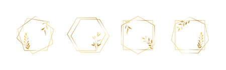 Golden geometric vector frames with leaves. Thin line haxagon borders for luxury premium designのイラスト素材