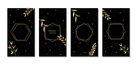 Dark vector backgrounds for social media stories with golden frames and leaves. Premium design templates for social mediaのイラスト素材