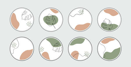 Vector highlight story cover icons for social media. Abstract minimal organic circle backgrounds with tropical leaves for bloggersのイラスト素材