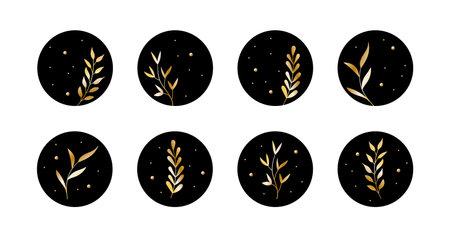 Vector highlight story cover icons for social media. Abstract black circle backgrounds with golden leavesのイラスト素材