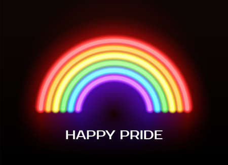 Happy pride vector greeting card with neon LGBT rainbowのイラスト素材