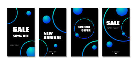 Abstract vector templates for stories. Sale banners for online social media store. Dark minimal vertical backgrounds with blue cosmic circlesのイラスト素材