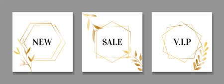 Vector backgrounds for social media posts with golden frames and leaves. Premium design templates. For online store blogsのイラスト素材