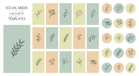 highlights stories templates and icons with hand drawn plants. Vector minimal floral trendy backgroundsのイラスト素材
