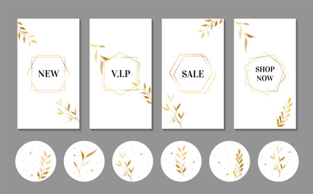 Luxury stories templates and icons. Golden leaves and frames with text on a white background. Social media highlightsのイラスト素材