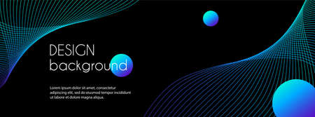 Long vector abstract banner with blue wavy lines. Minimal trendy black background for cover, web header designのイラスト素材
