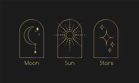 Line art moon, sun, stars signs and symbols. Mystical golden vector  tattoos, cardsのイラスト素材