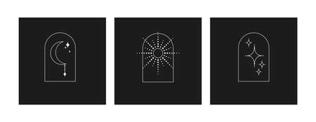 Mystical line art vector cards with moon, sun, stars signs and symbolsのイラスト素材