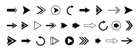Arrow icons. Vector set of right direction black pointers, cursors, arrows, play buttonsのイラスト素材