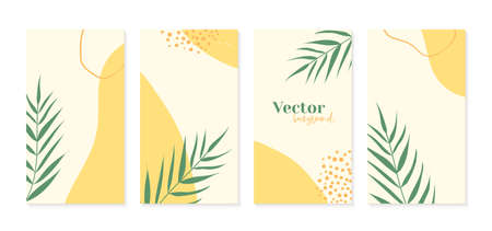 Minimal stories templates in yellow colors with palm leaves. Abstract organic shapes floral summer background with copy space for textのイラスト素材