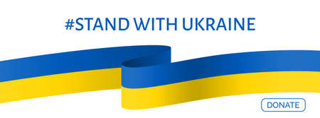 Stand with Ukraine. Vector long banner with ukrainian flag and donate button to support Ukraineのイラスト素材