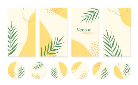 Minimal stories templates and highlights icons in yellow colors with palm leaves. Abstract organic shapes, floral summer backgroundのイラスト素材
